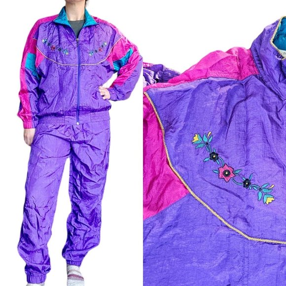 Retro 90s L Purple Tracksuit Jogger Set Nylon 2‎ Pc Embroidered Flowers Vintage - Picture 1 of 15